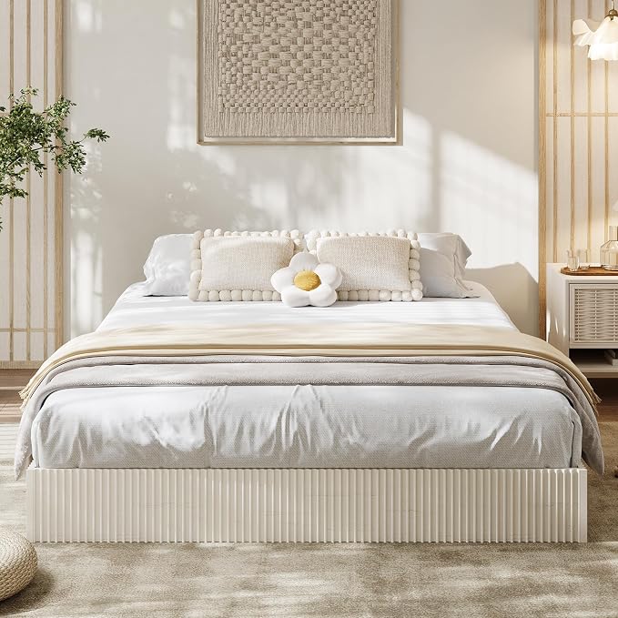 Garvee California King Bed Frame, Wood Platform Bed with Fluted Design, Low Profile BedFrame, Minimalist Bed Base with Noise-Free, Easy Assembly, No Box Spring Needed, Cream