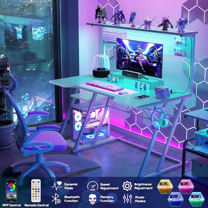 Armocity Gaming Computer Desk with Power Outlets, Gaming Desk with Hutch and LED Lights, Reversible PC Gaming Desk with Pegboard, Carbon Fiber White, 47"