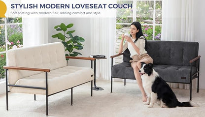 MAXYOYO Living Room Accent Chair, Loveseat Sofa Chair with Sturdy Metal Frame & Wood Armrests, Button Tufted Upholstered Small Couch Modern Love Seat for Bedroom Office, Beige