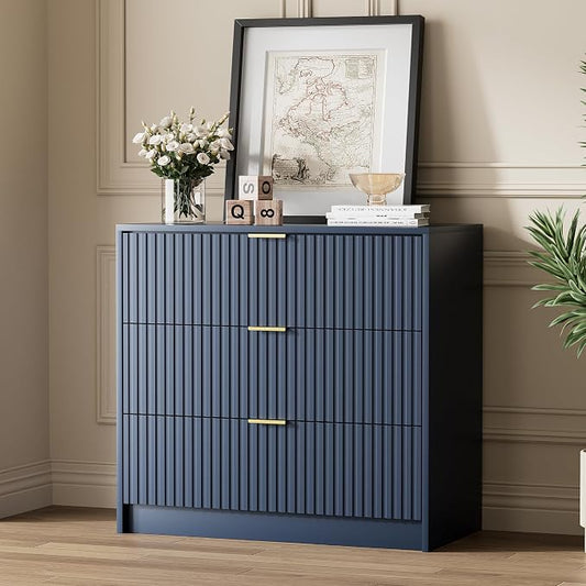 Furniway Navy Blue Dresser for Bedroom, Modern Dresser with 3 Drawers and Smooth Slides, Wide Chest of Drawers with Golden Handles for Bedroom, Living Room, Closet, 15.7" D x 31.5" W x 29.6" H