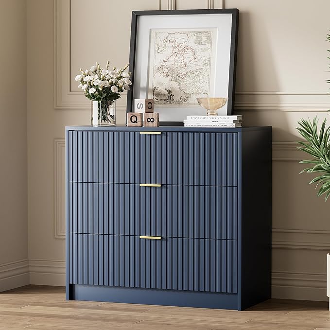 Furniway Navy Blue Dresser Bedroom Set 3 Pieces, Nightstands Sets of 2, 8 Drawer Dresser with Gold Handles for Bedroom