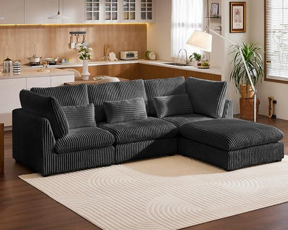 115" Oversized Corduroy Couch Modular Sectional Sofa, Washable Cloud Couch Sectional with Ottoman, 4 Seater Sectional Couches for Living Room, Fully Cover Removable, L Shaped, Plush Corduroy, Black