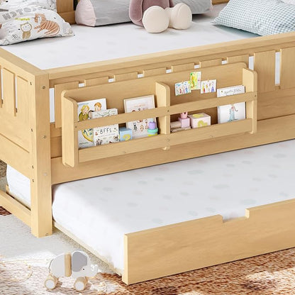 Bellemave Queen Kids Montessori Bed with Stairs, Bookshelf and Trundle, Solid Wood Kids Bed Frame with Storage for Boys Girls, Low Profile,Light Natural