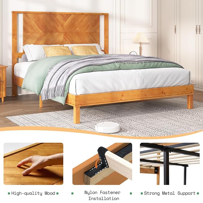 AMERLIFE Solid Wood King Size Bed Frame with Headboard, Mid Century Modern Style Platform Bed with Under-Bed Storage, No Box Spring Needed, Noise Free, Easy Assembly, Light Brown