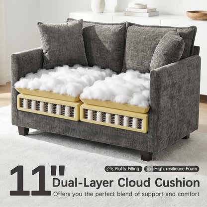 52'' Loveseat Sofa with Ottoman, Cloud Sofa Couch with 27" Deep Seat & 2 Pillows, Modern Comfy Chenille Small Couch for Small Spaces, Apartment, Studio, Bedroom, Living Room