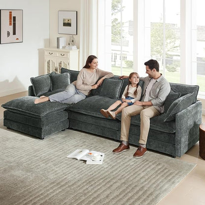 111.5" Modular Sectional Sofa, Large L Shaped Sectionals Cloud Couch, Big Comfy 3-Seat Couch with Ottoman, 4 Seater Chenille Sectional Sofa with Deep Seat and 5 Pillows for Living Room- Grey