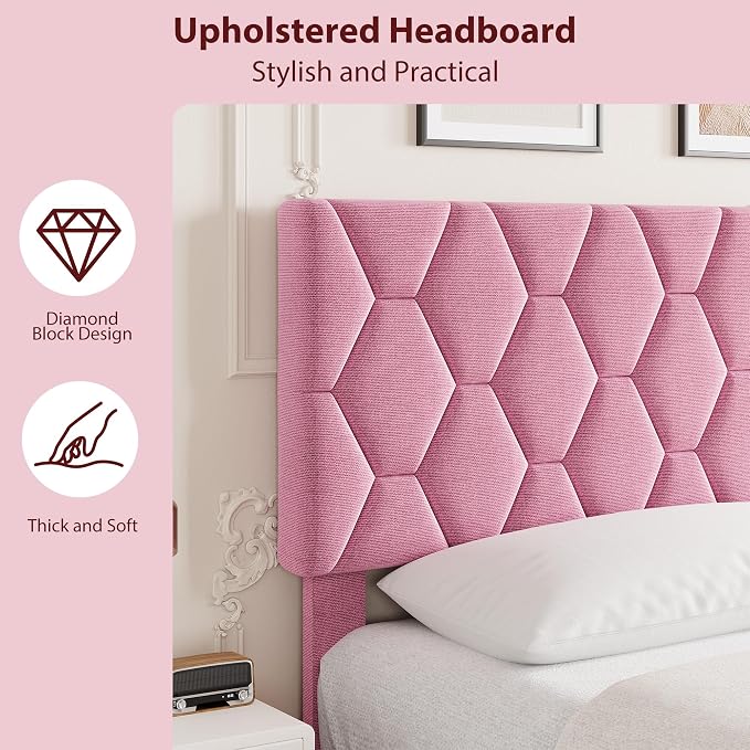 GAOMON Bed Frame with Upholstered Headboard, Heavy-Duty Platform Bed Frame with Strong Wood Slats, No Box Spring Needed/Noise Free/Easy Assembly,King,Pink