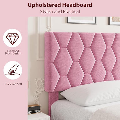 GAOMON Bed Frame with Upholstered Headboard, Heavy-Duty Platform Bed Frame with Strong Wood Slats, No Box Spring Needed/Noise Free/Easy Assembly,King,Pink