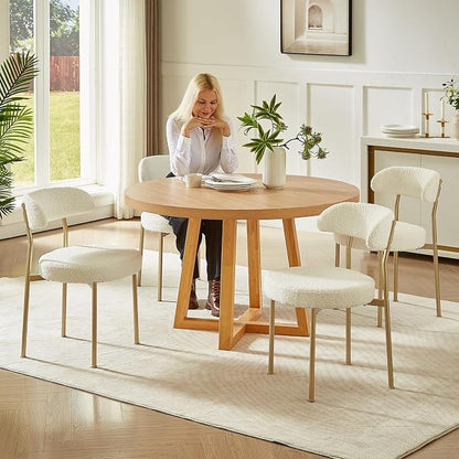 SoarFlash Dining Chairs, Beige Boucle Dining Chairs Set of 4, Kitchen Dining Room Chairs Curved Backrest Upholstered Mid Century Modern Chairs with Golden Metal Legs
