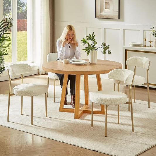 SoarFlash Dining Chairs, Beige Boucle Dining Chairs Set of 4, Kitchen Dining Room Chairs Curved Backrest Upholstered Mid Century Modern Chairs with Golden Metal Legs