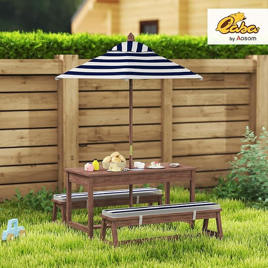 Qaba Kids Picnic Table, Outdoor Wooden Table & Bench Set with Cushions and Umbrella, Children Backyard Furniture for Patio, Garden, Navy Blue
