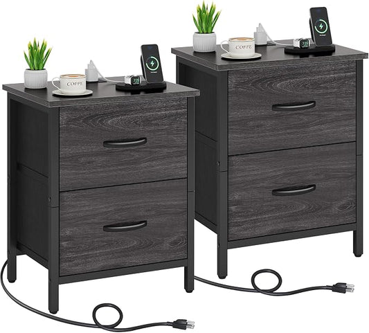 Vagusicc Nightstand Set of 2 with Charging Station, End Table Bedside Table with Power Outlet & USB Ports, Side Table with 2 Fabric Drawers for Bedroom, Living Room, Gray Walnut