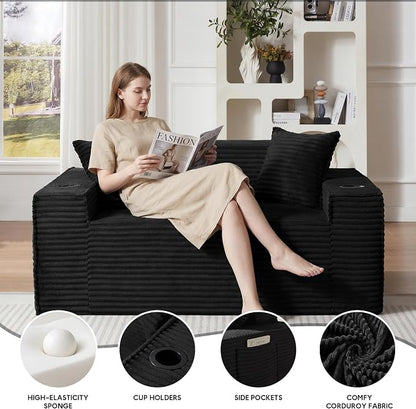 Boneless Sectional Sofa Couch with Cup Holders & Side Pockets, Modern Corduroy Fabric Deep Seat Loveseat Cloud Couch for Living Room Office, No Assembly (Black)