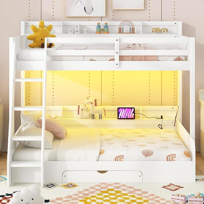 Wood Bunk Bed Twin Over Full Size with Built-in Storage Shelves and Charging Station, Versatile Bunk Bed Frame with Ladder and Guardrail for Kids Teens Adult, Maximize Space (White-5.6)