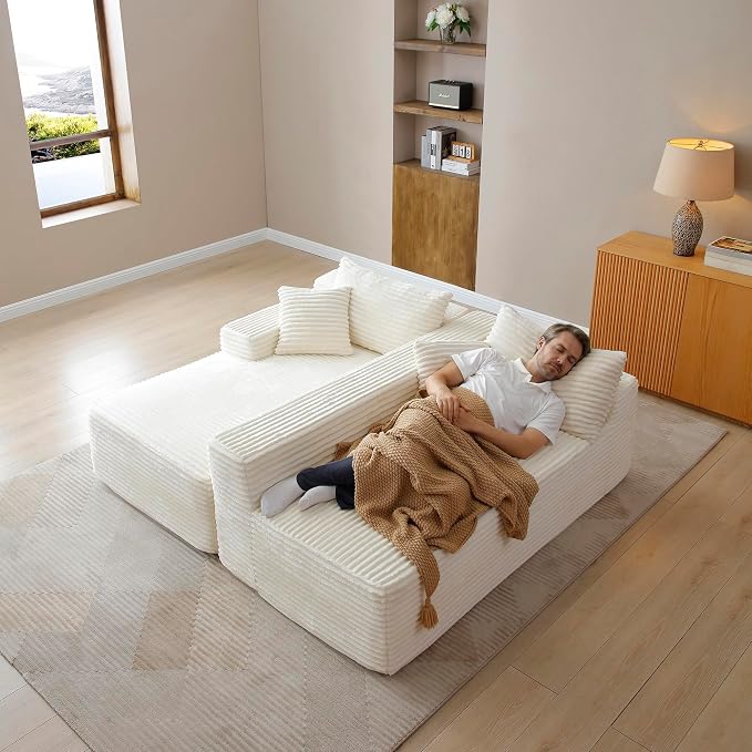 105-Inch L-Shaped Left Facing Corner Compressed Sofa Modular Sectional Boneless Cloud Sofa Floor Foam Couch with Chaise Lounge, Corduroy Corner Boneless Cloud Couch