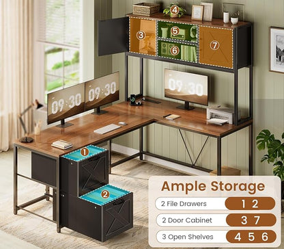 SEDETA Farmhouse L Shaped Desk with Hutch, Reversible 86.6" Home Office Two Person Desk with Drawers and LED Light, Corner Gaming Desk with Power Outlet and Storage Shelves, Brown