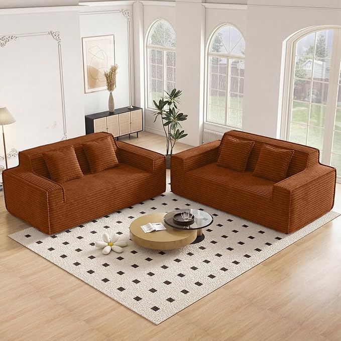 75'' Modern Cloud Loveseat Sofa Set of 2, No Assembly Required Comfy Deep Seat Couches 2 pcs for Living Room, Bedroom, Apartment (Corduroy-Brown)