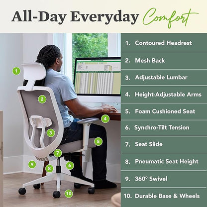 HON Altern Ergonomic Office Chair with Headrest, Mid‑Back Mesh Desk Chair, Adjustable Arms, Seat Slide, Synchro‑Tilt, Rolling Computer Seat for Home Office, Black Frame, Black