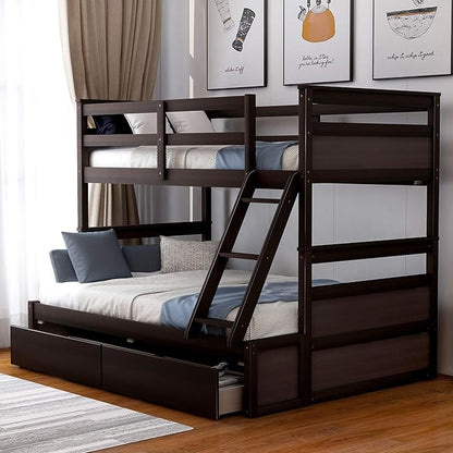 Merax Twin Over Full Bunk Bed, Wood Bunk Bed with Removable Ladders and Two Storage Drawers, Convertible into Two Individual Beds (Espresso)