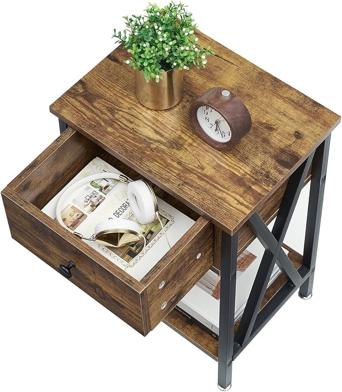 VECELO Nightstand,Modern Bedside End Table, Night Stand with Drawer and Storage Shelf for Living Room Bedroom, Industrial Metal Frame