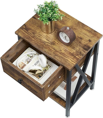 VECELO Nightstand,Modern Bedside End Table, Night Stand with Drawer and Storage Shelf for Living Room Bedroom, Industrial Metal Frame
