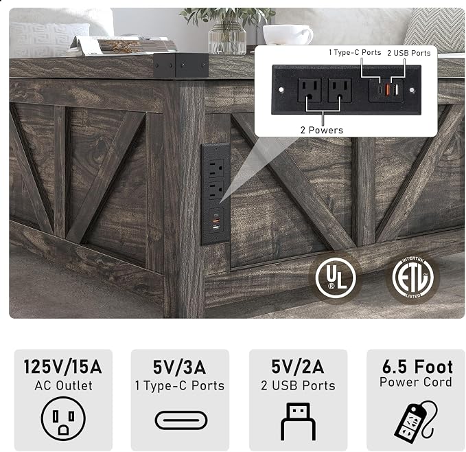 jimeimen Farmhouse Lift Top Coffee Table with Storage, Wood Square Center Table with Charging Station&USB Port, Living Room Table w/Large Hidden Space, for Living Room, Bedroom, Home Office, Dark Grey