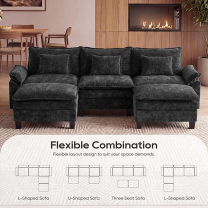 URRED Oversized Modular Sectional Sofa, 122" U Shaped Modern Comfy Cloud Couch with Movable Ottoman & Pillows, Deep Seat Couches for Living Room, Bedroom or Apartment (Chenille Black, 122" U Shaped)