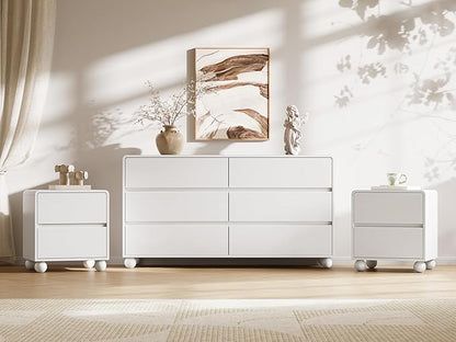 MAISONARIA Mid-Century 3-Piece Dresser Bedroom Set, 6 Drawer Dresser & 2 Drawer Nightstands with Curved Profile Design & Handle Free, Wood Chest of Drawers for Bedroom, Living Room, Hallway, White