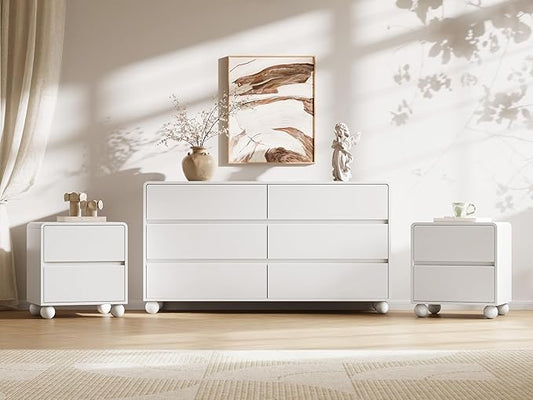 MAISONARIA Mid-Century 3-Piece Dresser Bedroom Set, 6 Drawer Dresser & 2 Drawer Nightstands with Curved Profile Design & Handle Free, Wood Chest of Drawers for Bedroom, Living Room, Hallway, White