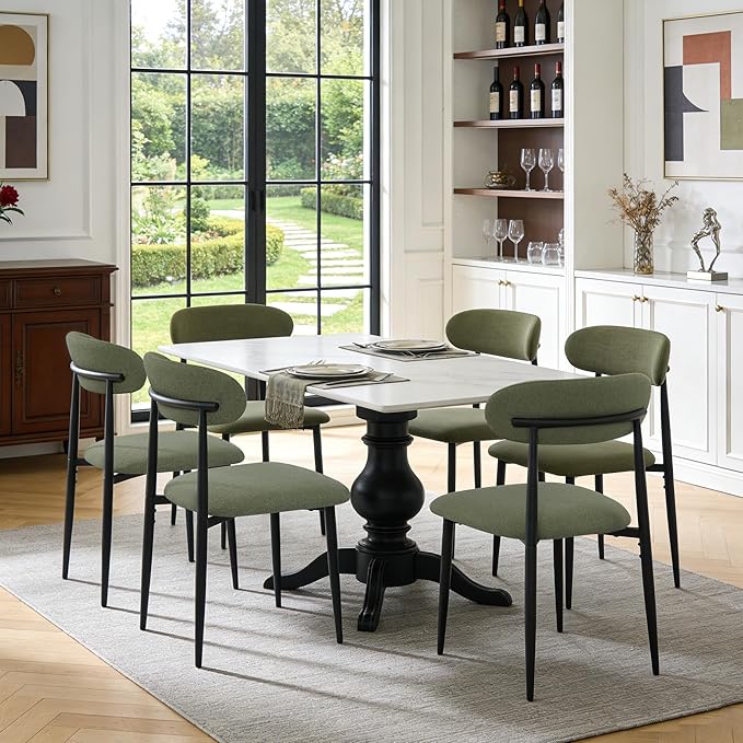 FREKEN Modern Upholstered Dining Chairs Set of 6, Mid-Century Metal Frame Linen Fabric Side Chair for Kitchen Dining Room, 350lbs Capacity, Green