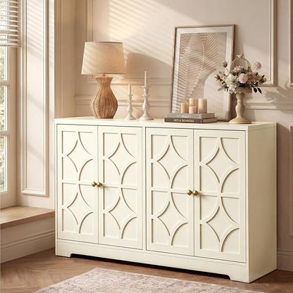 RoyalCraft 112'' Sideboard Buffet Cabinet with Storage, Modern Sideboard with 4 Carved Doors and Adjustable Shelves, Large Wood Coffee Bar Console Table for Kitchen, Dining Room, Beige