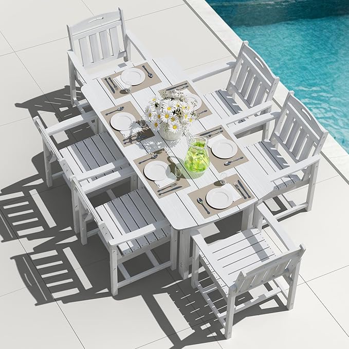 HDPE Outdoor Dining Set, Patio Table and Chairs Set, All-Weather 7-Piece Outside Table and 6 Chairs, 2" Umbrella Hole, Outdoor Furniture for Garden, Poolside, Backyard, Deck | White