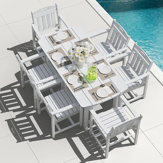 HDPE Outdoor Dining Set, Patio Table and Chairs Set, All-Weather 7-Piece Outside Table and 6 Chairs, 2" Umbrella Hole, Outdoor Furniture for Garden, Poolside, Backyard, Deck | White