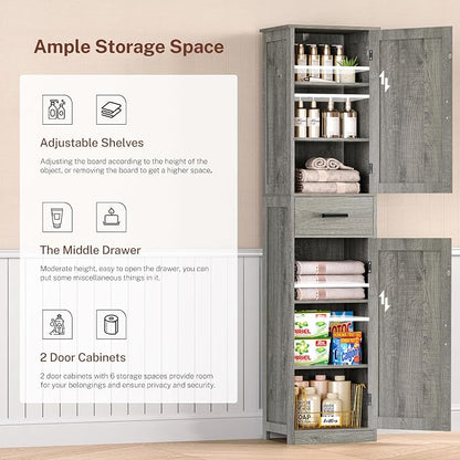 TEENFON Tall Bathroom Cabinet, Storage Cabinet with 6 Shelves & Drawer, Bathroom Storage Cabinet with Adjustable Shelves, Tall Cabinet for Living Room, Home Office, Grey