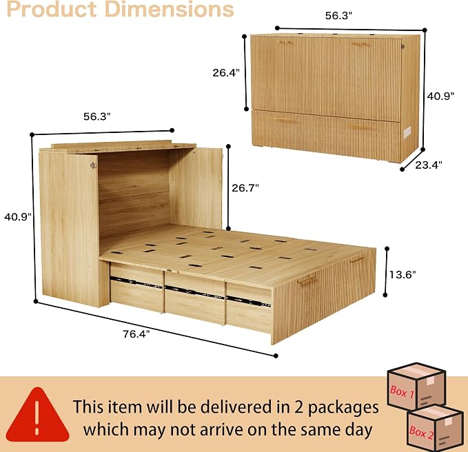 Full Size Murphy Bed Cabinet: Oak Folding Murphy Bed for Small Spaces, Wood Hidden Beds Cabinet with Charging Station, 2 in 1 Hideaway Beds Cabinets (Oak-Stripe)
