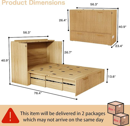 Full Size Murphy Bed Cabinet: Oak Folding Murphy Bed for Small Spaces, Wood Hidden Beds Cabinet with Charging Station, 2 in 1 Hideaway Beds Cabinets (Oak-Stripe)