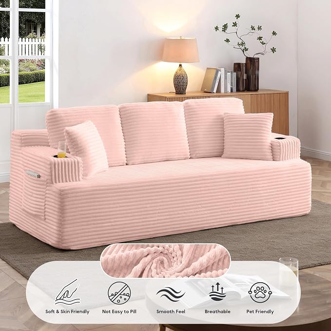 86.2'' Boneless Sofa Couch with Cup Holders & Side Pockets, Modern Corduroy Fabric Upholstered 3-seat Couch with 2 Throw Pillows for Living Room, Office, No Assembly (Pink)