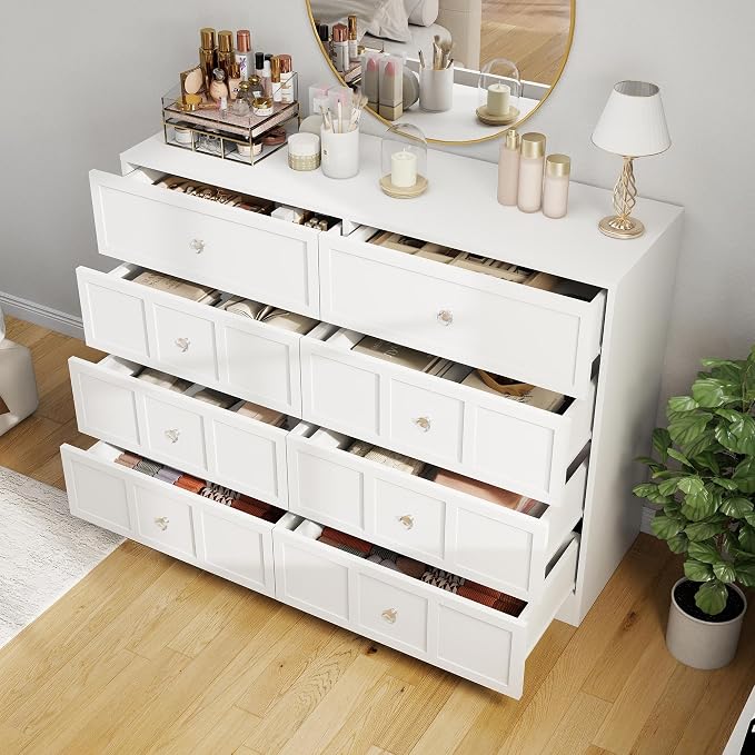 8 Drawer Dresser for Bedroom: 47" Fluted White Dresser Deep Drawers, Modern Chest of Drawers for Bedroom, Fluted Wood Dressers for Living Room, Hallway