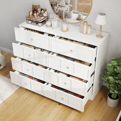 8 Drawer Dresser for Bedroom: 47" Fluted White Dresser Deep Drawers, Modern Chest of Drawers for Bedroom, Fluted Wood Dressers for Living Room, Hallway