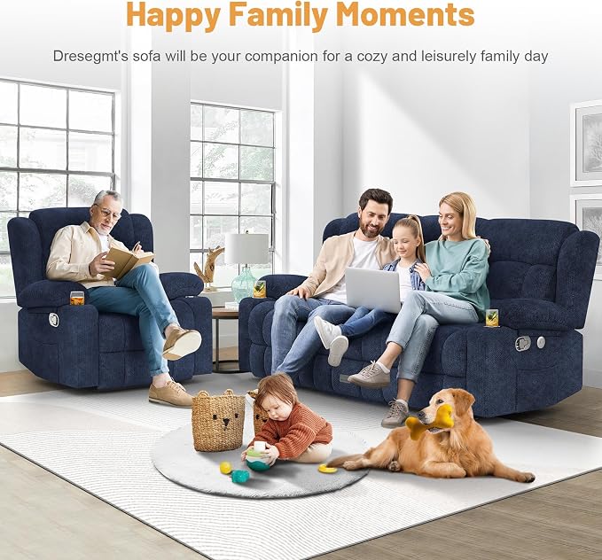 Dresegmt Loveseat Recliner Sofa Set, Flip Middle Backrest Design 3 Seater Reclining Sofa and Single Oversized Recliner Chair, Manual Couches for Living Room/RV (Blue, 3+1)