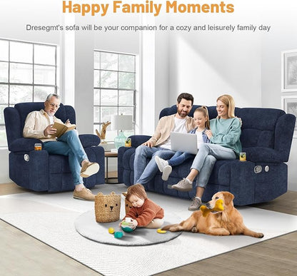 Dresegmt Loveseat Recliner Sofa Set, Flip Middle Backrest Design 3 Seater Reclining Sofa and Single Oversized Recliner Chair, Manual Couches for Living Room/RV (Blue, 3+1)
