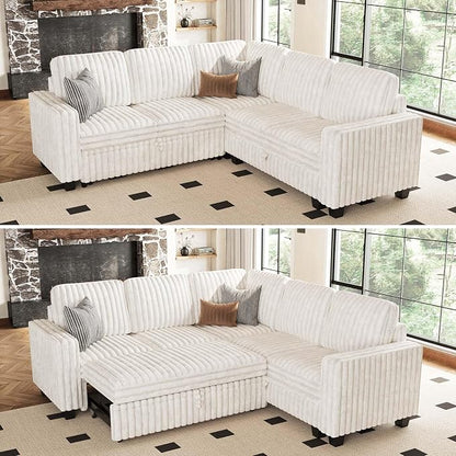 Belffin Corduroy Sectional Sleeper Sofa with Pull Out Bed Modular Sectional Loveseat Sofa Bed for Living Room Beige Couch