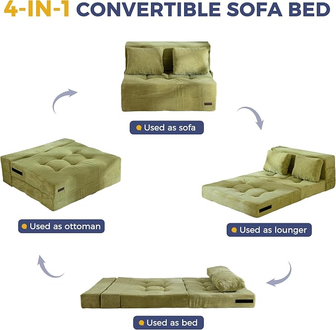MAXYOYO Convertible Sofa Bed, Fold Out Sofa Couch with Pillow, 4 in 1 Tufted Folding Couch Bed Foam Floor Couch, Lazy Chair for Living Room Bedroom Guest Room, Green