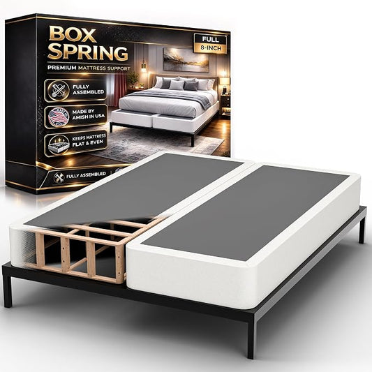 Box Spring Bed Base Full Size, 8-Inch Wood Mattress Foundation – Amish Made in USA – Quiet Noise Free, Under Mattress-Support BoxSpring, Fully Assembled, White