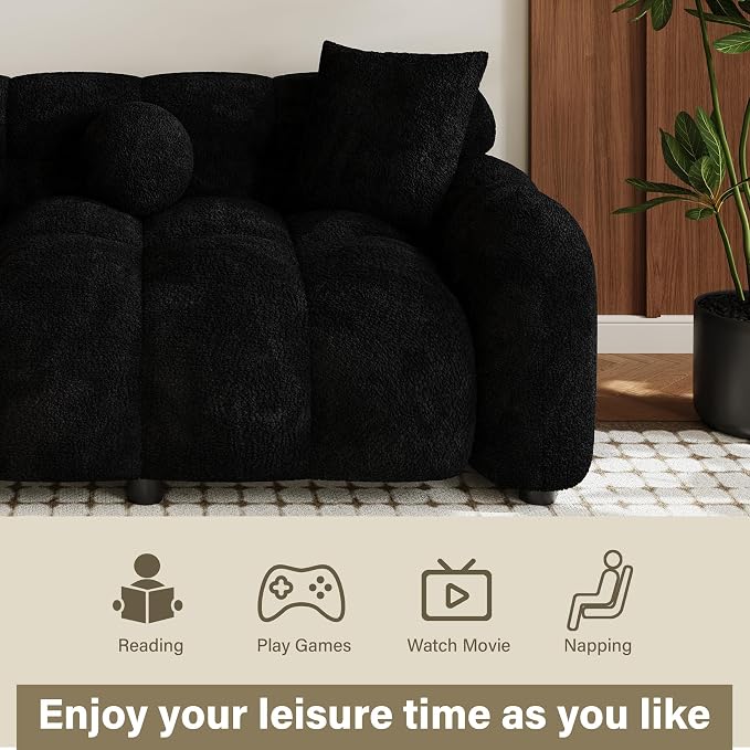 Wrofly Boucle Sofa Couch, 64.7" Modern Tufted Upholstered 2 Seater Loveseat Sofa with 3 Pillows, Comfy Deep Seat Cloud Couch, Small Love Seat for Living Room Apartment, Black