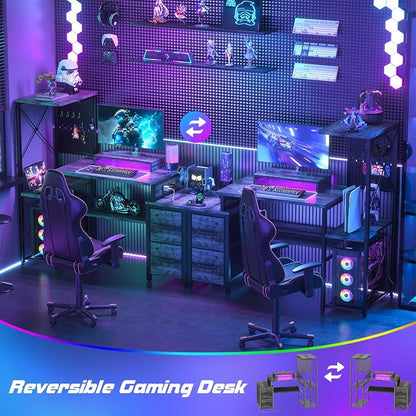 Small Gaming Desk with 2 Fabric Drawers - Reversible Computer Desk with Power Outlet & LED Lights, 49" Office Desk with Monitor Stand & Storage Shelves, Writing Study Table with Pegboard, Grey Oak