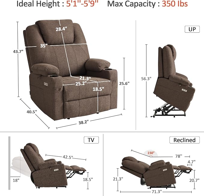 MCombo Power Lift Recliner Chair for Elderly R7045(Brown, Medium-Wide) | Heat and Massage, Breathable Fabric, USB& Type C Charging Port, FSC Certified