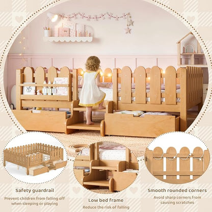Bellemave Queen Kids Montessori Bed with Stairs, Bookshelf and LED Lights, Solid Wood Kids Bed Frame with Storage Drawers for Boys Girls, Low Profile,Natural