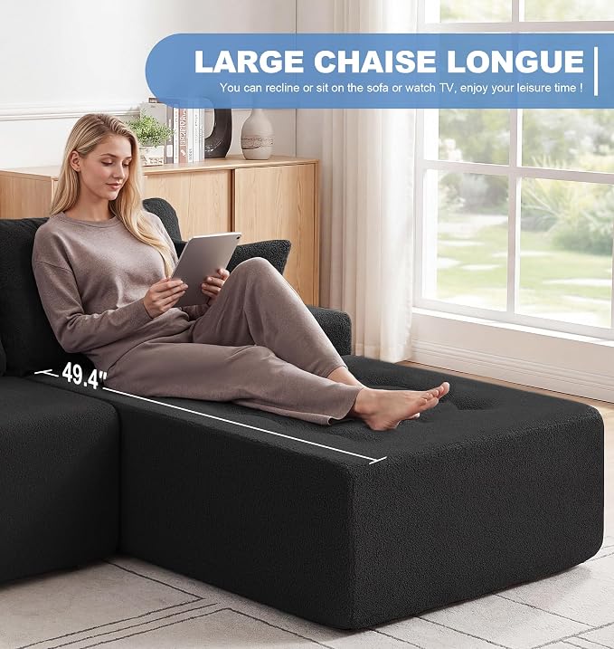 Hobestluk Modular Sectional Sofa Couches L-Shape Couch 3 Seat Modular Sofa Memory Foam Sectional Couches for Living Room, Cloud Couch with Oversized Chaise (Black Tufted, 96", Right Hand Facing)