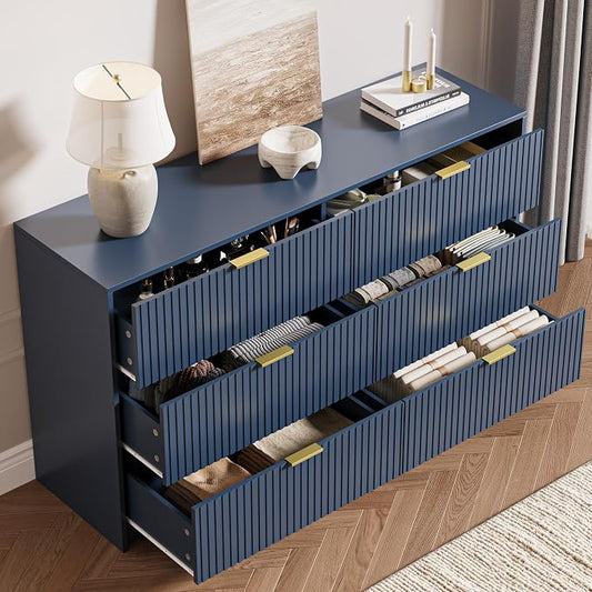 MAISONARIA 3-Piece Dresser Bedroom Set, 6 Drawer Dresser & 3 Drawer Nightstands with Gold Handles, Fluted Wood Chest of Drawers for Bedroom, Living Room, Entryway, Navy Blue